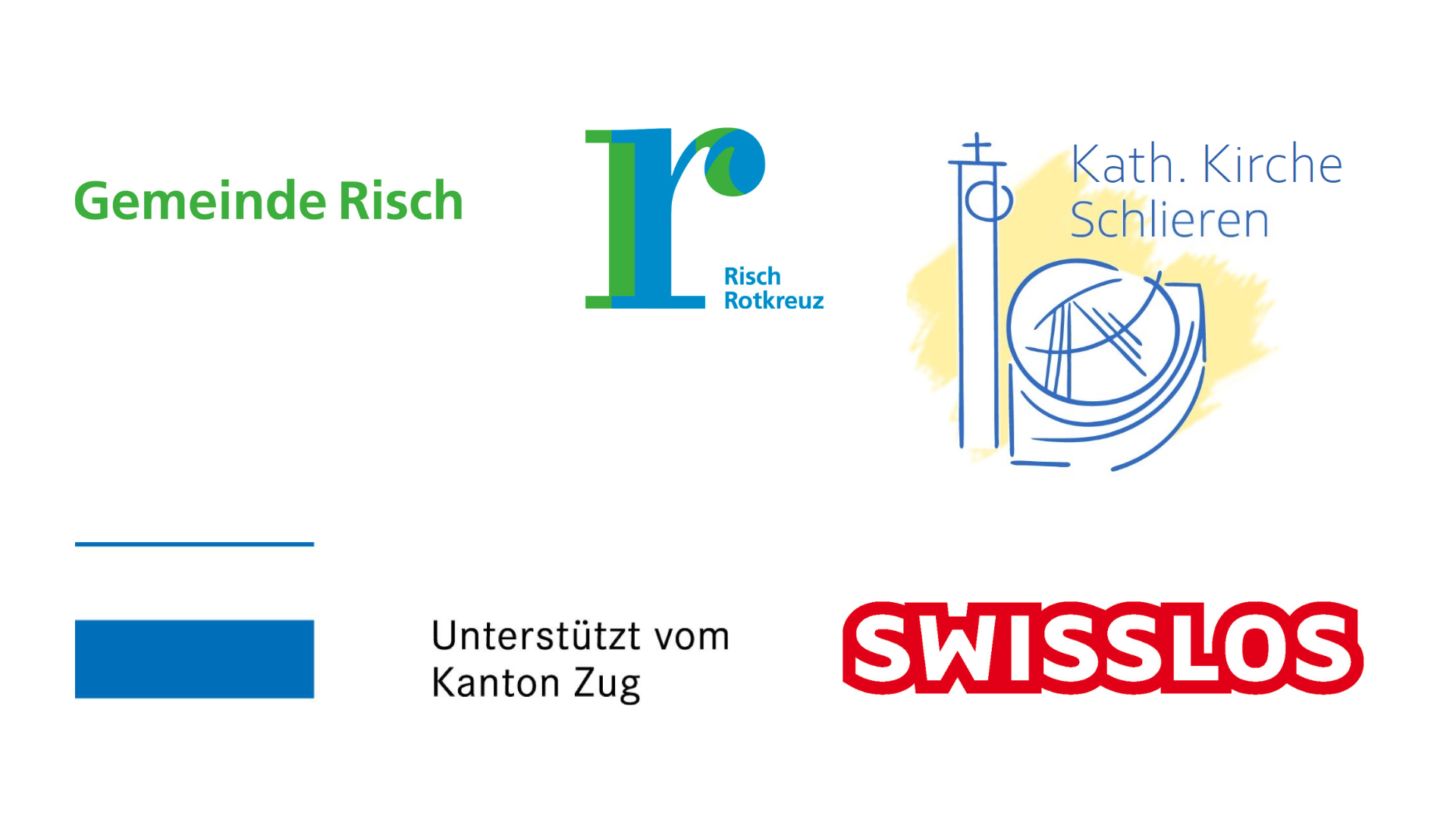 Logos der Sponsoren - Swisslos, Gemeinde Risch Rotkreuz, Kanton Zug, Kath. Kirchgemeinde Schlieren