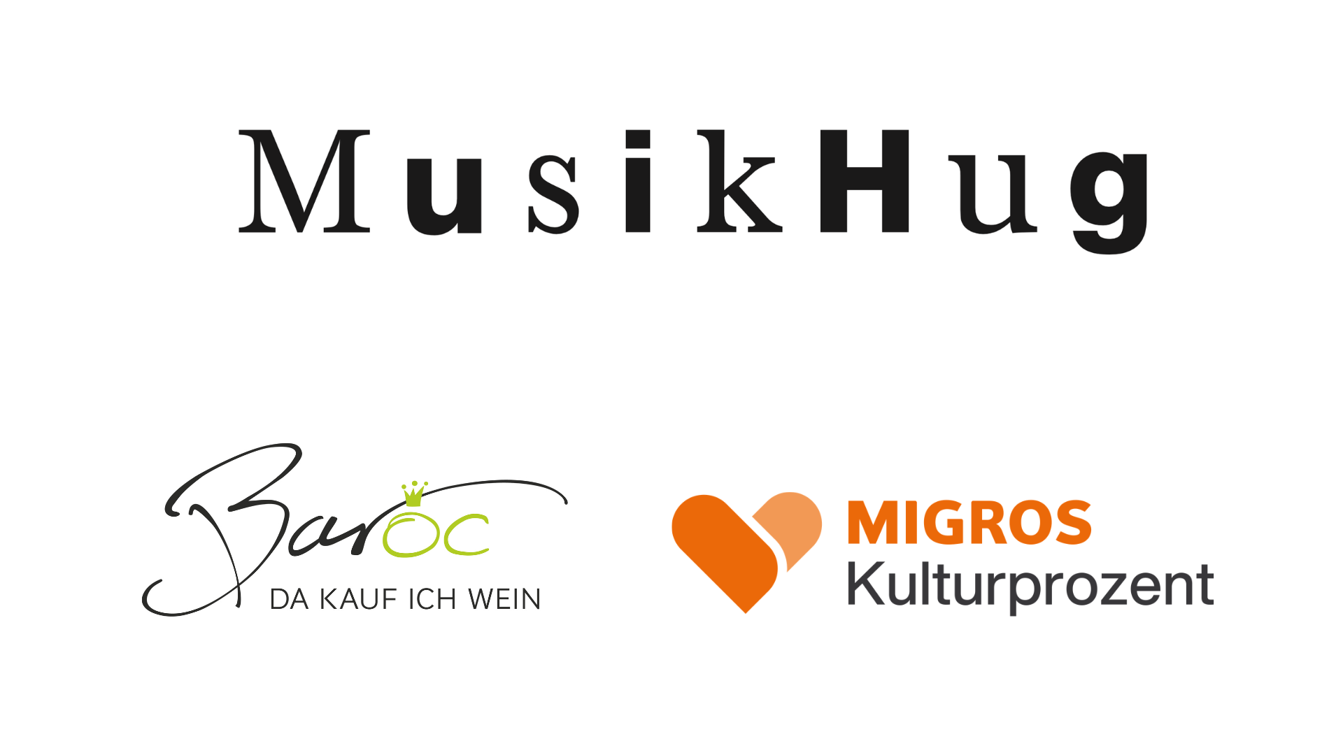 Logos der Sponsoren: Musik Hug, Migros Kulturprozent, Baroc Wein