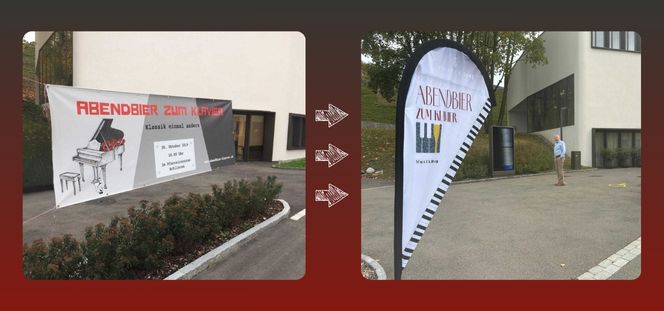 Links ein Banner von Abendbier zum Klavier mit gezeichnetem Flügel zum ersten Konzert in Schlieren 2019, rechts die neue Beachflag der Konzertreihe in Schlieren 2026.
