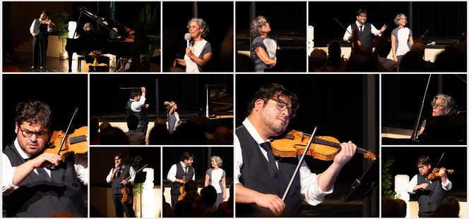 Fotocollage vom Konzert «Im europäischen Salon»: David Castro-Balbi an der Violine, Marian Rosenfeld am Flügel und im Gespräch mit dem Publikum